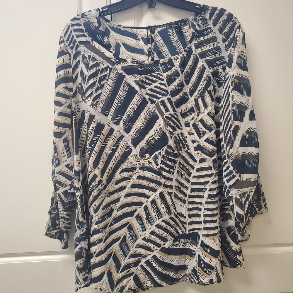 Sami & Jo Navy Tan Printed Chiffon Blouse Large Button Sleeve Top